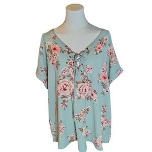 Flower & Feather Pale Pink Floral Crisscross Tie Front Blouse Size 3XL